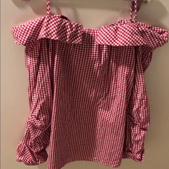 Red & white checked off-the-shoulder Anthro blouse - Picture 5 of 5